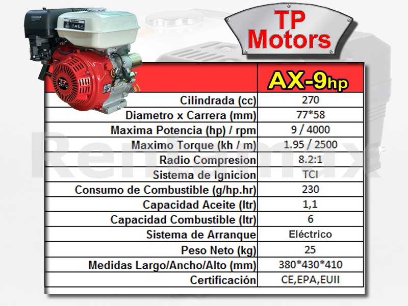 Especificaciones motor 9hp gasolina