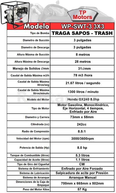BOMBA DE AGUA TRASH 3X3 TRAGA SAPOS HONDA GX240